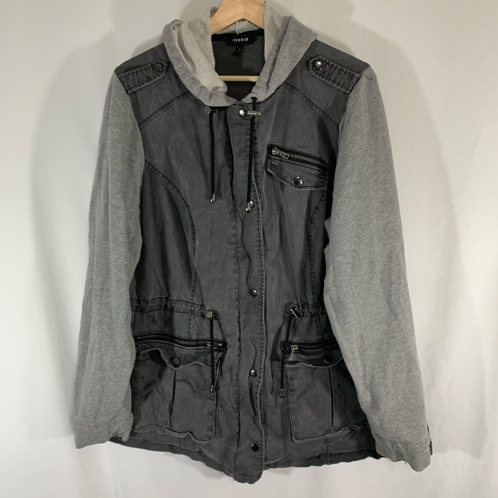 Torrid Dark Grey denim jacket with a hoodie.